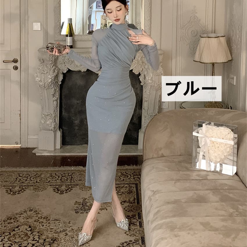 キャバドレス ロング丈ギャザードレス 長袖ワンピース