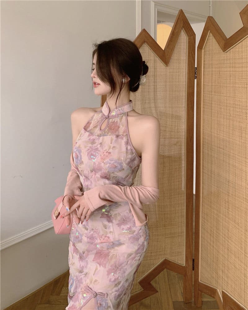キャバドレス 花柄シアーホルターネック チャイナドレス 