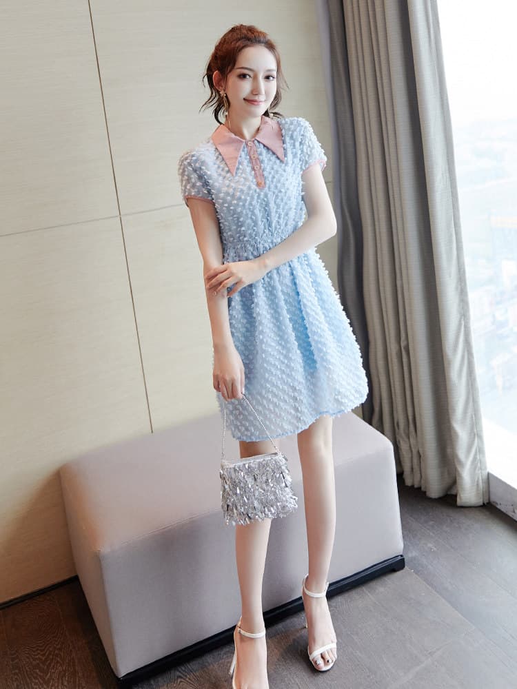 キャバドレス 立体ドット刺繍襟付き半袖フレアワンピース