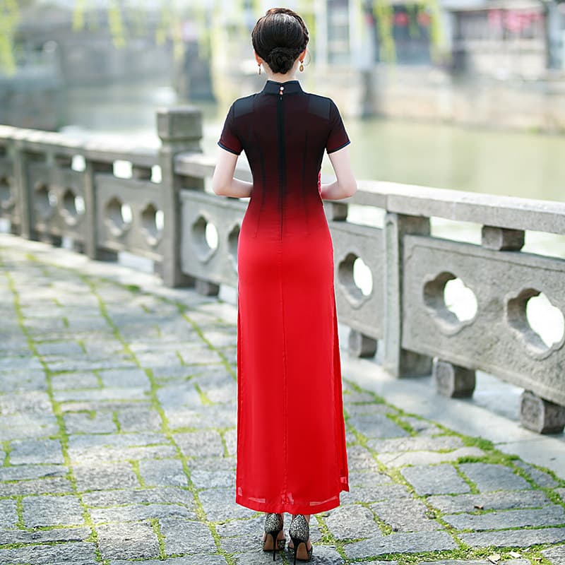 キャバドレス 華やか牡丹刺繍切替ロング丈チャイナドレス