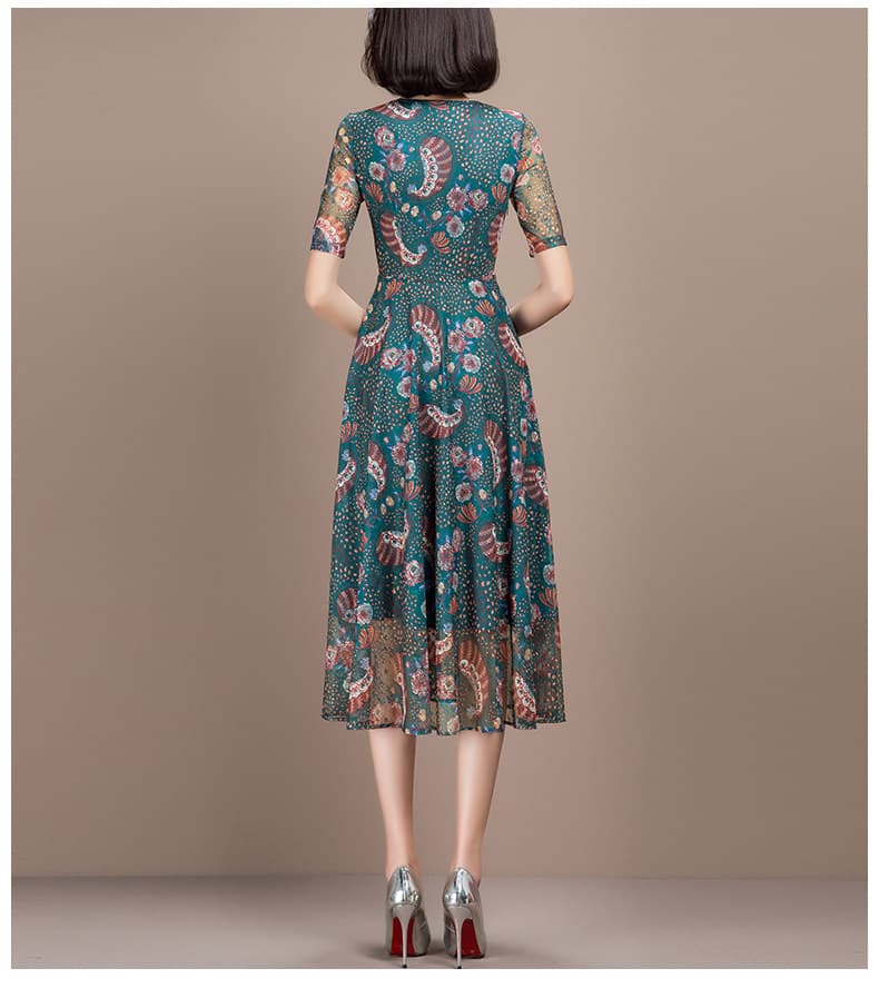キャバドレス 華やかペイズリー柄シフォン半袖ミディ丈ドレス