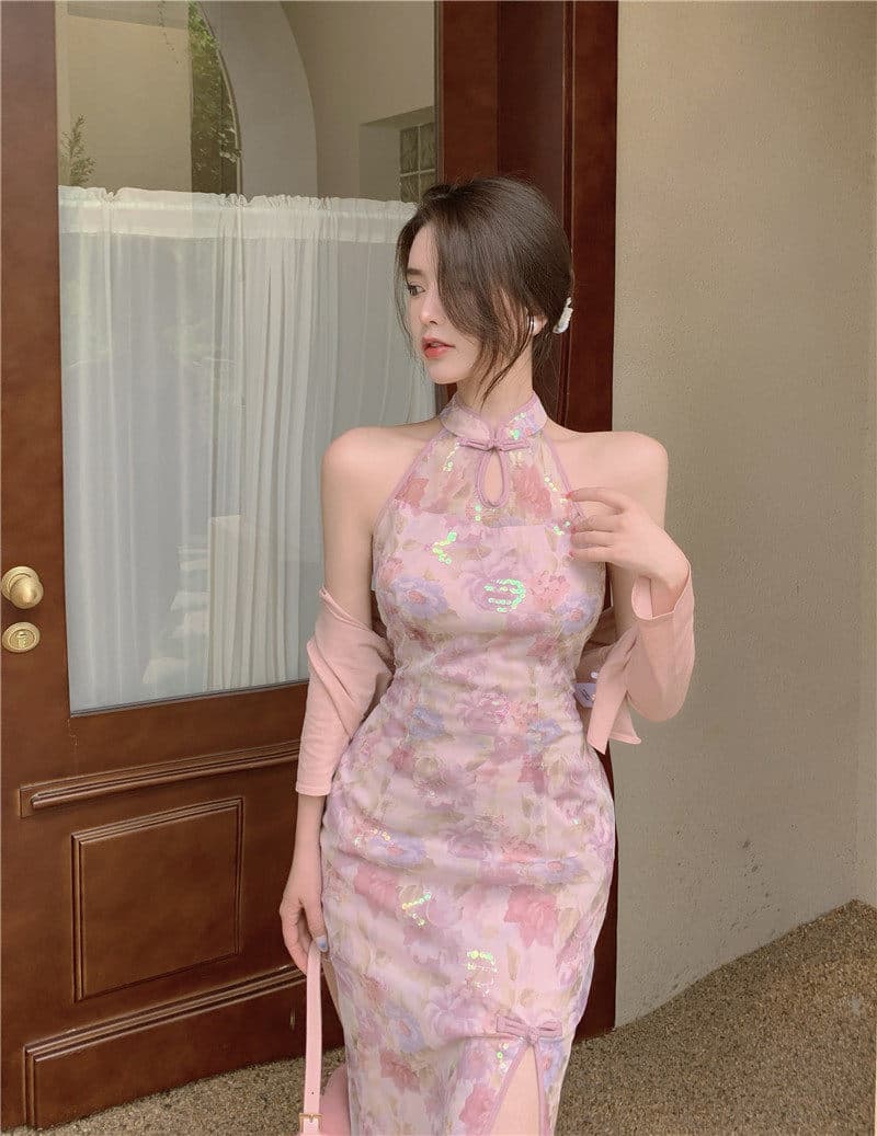 キャバドレス 花柄シアーホルターネック チャイナドレス 
