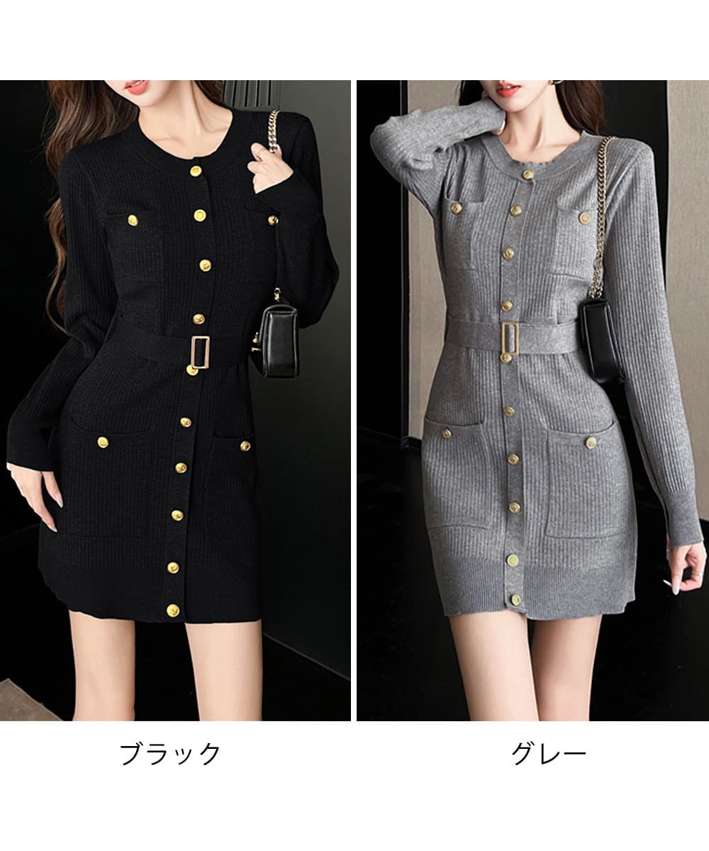 キャバドレス 金ボタン付きリブニットミニワンピース上品