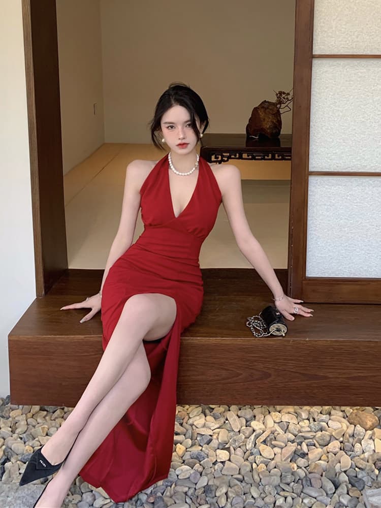 キャバドレス 深Vネック美背中ホルターネックタイトロングドレス