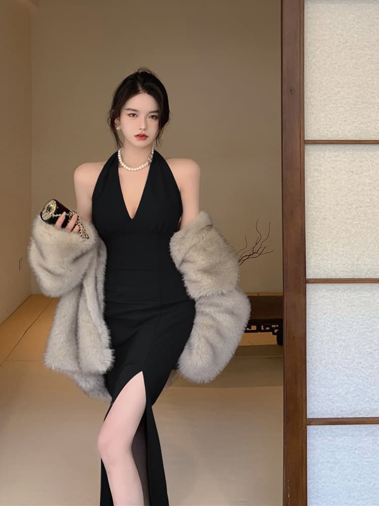 キャバドレス 深Vネック美背中ホルターネックタイトロングドレス
